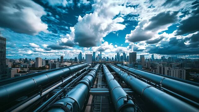 Rooftop mechanical cooling units framed by intricate piping and ladders, with a sprawling city skyline vanishing beneath dramatic clouds on the horizon.