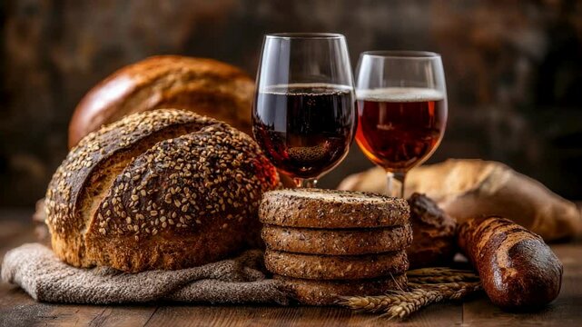Rustic Still Life of Artisan Breads, Red Wine, and Craft Beer