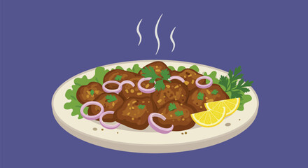 A healthy mutton fry dish, served on a clean plate with visible herbs, lemon slices, and light steam to indicate freshness logo. Ideal for restaurant branding