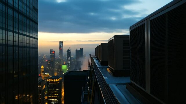 Rows of heavy rooftop AC units connected by thick insulated pipes and ladders, overlooking a city skyline disappearing into early evening haze.
