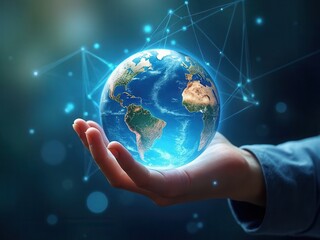 Next generation technology.Global networking connection,science, innovation and communication technology.Metaverse Technology.Hand holding earth globe with data exchanges on connec.