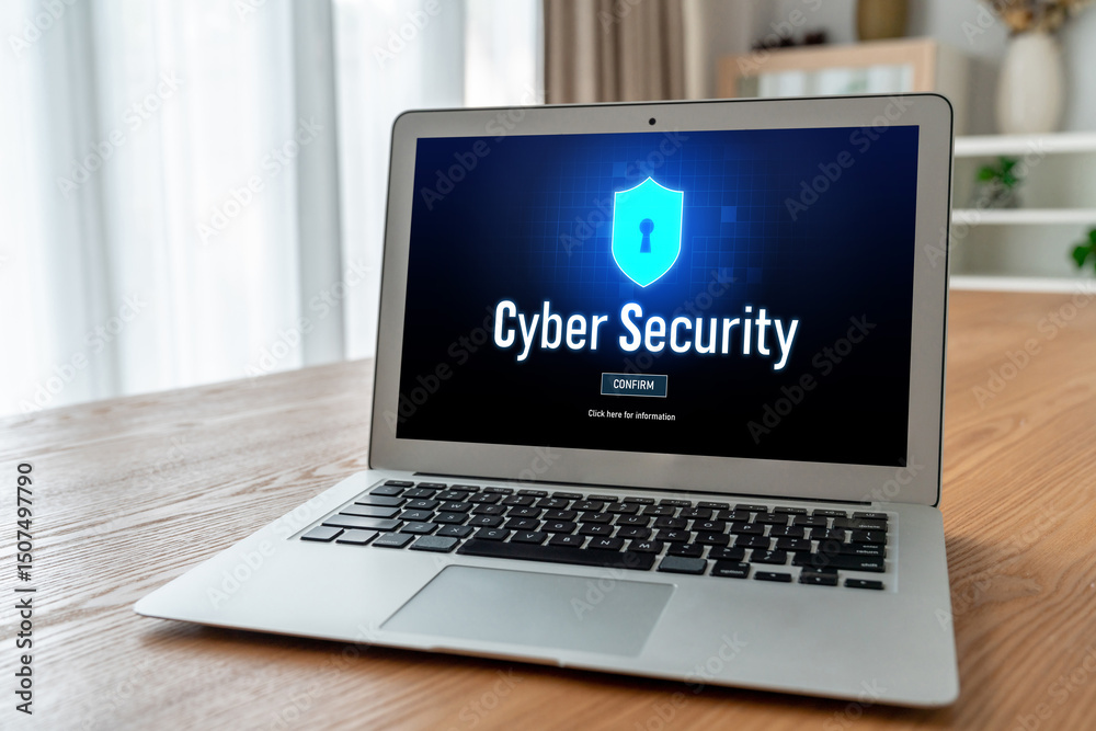 Poster cyber security system on computer screen protect private information snugly from hacker and cyber at