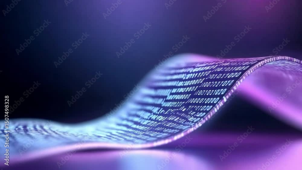 Poster Cybernetic Canvas: Digital data elegantly drapes across a textured, curved surface, glowing with a futuristic aura of technological sophistication.