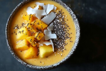 Bowl of food with a spoon placed on a wooden table in a bright kitchen environment