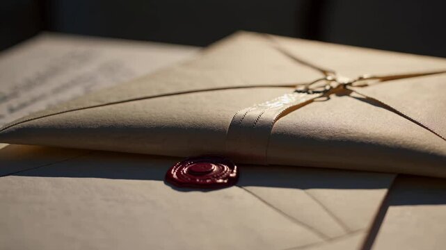 Vintage sealed letters with wax stamp and string on aged paper under warm lighting