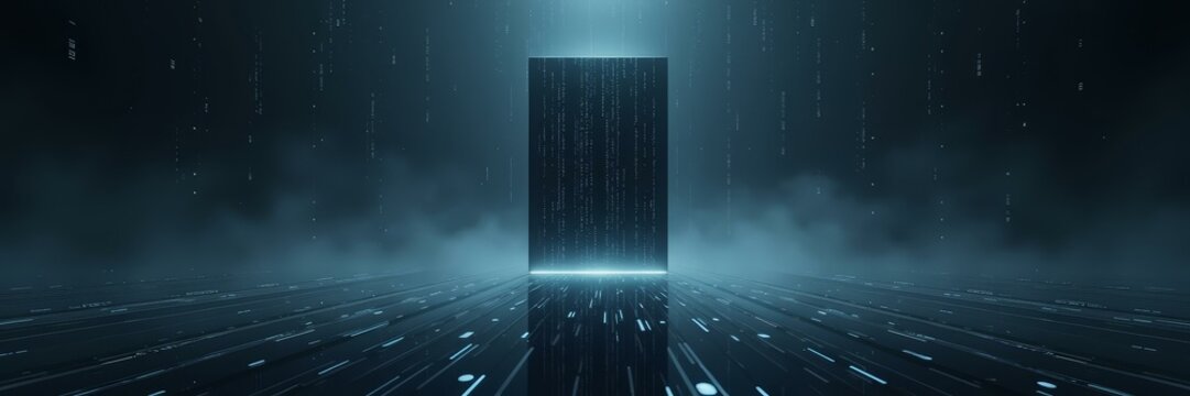Floating data monolith reflecting over code plane &mdash; perfect for high-trust digital architecture visuals and zero-trust security storytelling