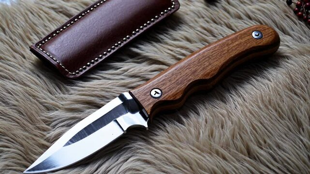 Sharp fixed blade knife with wooden handle and leather sheath placed on soft fur background