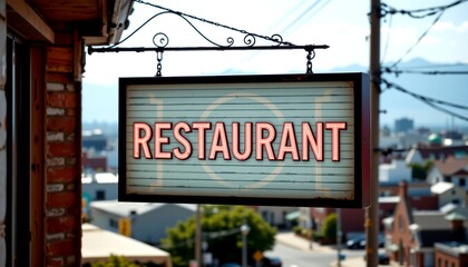 Obraz premium a restaurant signage located in an urban setting with buildings in the background