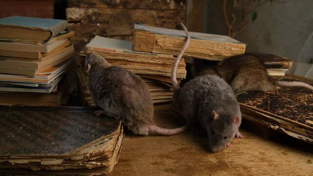 Brown rats and old antique books on wooden table.