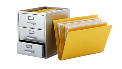 Filing cabinet with yellow folders, document organization on transparent background