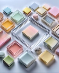 Flat lay pastel colored notepad Colorful geometric patterns of pastel squares and round shapes on a white background.