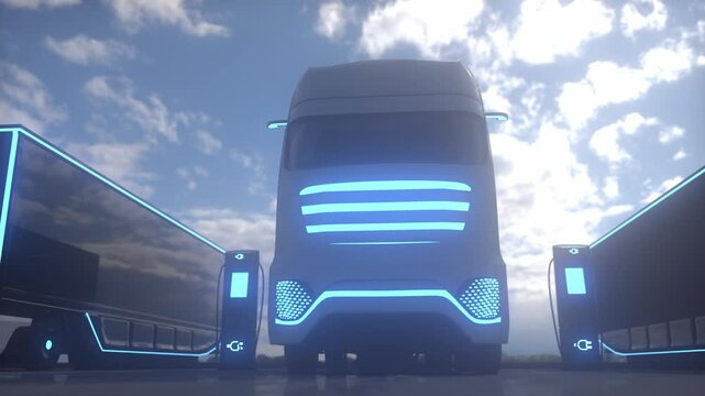 Futuristic Electric Truck Charging at Station With Neon Blue Lights