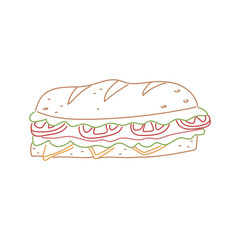 A cute line illustration of a submarine sandwich. Doodle panini with tomatoes, bacon, lettuce, cheese.