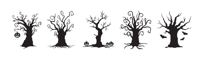 Halloween hand drawn spooky tree doodle silhouette set. Creepy trees 