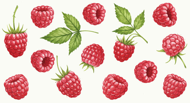 Detailed Watercolor Painting Showcases A Collection Of Vibrant Red Raspberries And Their Green Leaves Capturing A Whimsical Natural And Fresh Visual Impact
