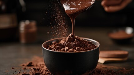Chocolate Protein Powder Being Poured into Measuring Cup