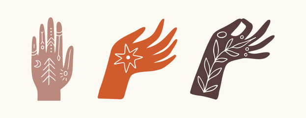 boho hands art mystical set. Reiki meditation hand witchcraft sacred mystical hand drawn color doodle symbol vector illustration