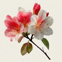 Naklejka premium botanical watercolor illustration azalea white and pink spring Vibrant flowers with pink and white petals on a textured background. white background