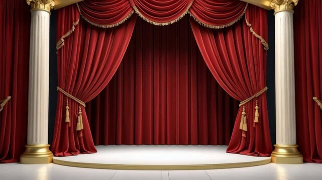 Red stage curtains flanked by classic ionic columns create a theatrical setting with golden accents and rich fabric texture.