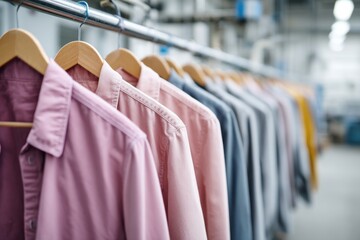 Close-up of jacket designs hanging on production line in vibrant factory environment with ample copy space