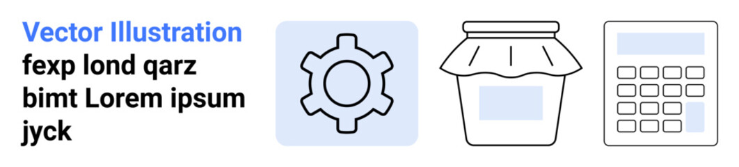 Gear, jar with lid, and calculator designs highlighting workflow, production, and calculations. Ideal for business, finance, manufacturing, planning automation inventory and simple landing page