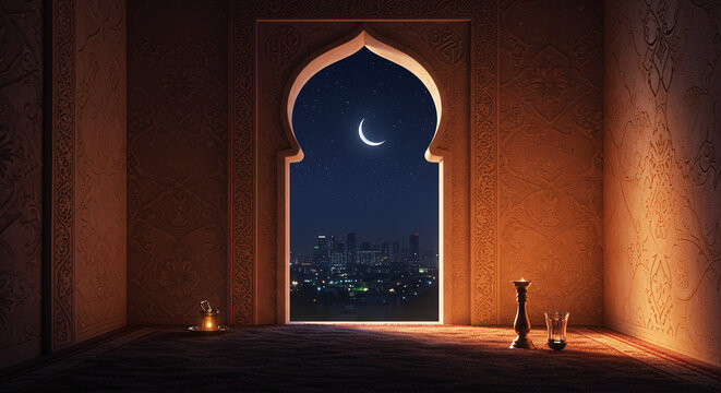 Ramadan window view with crescent moon and cityscape - Powered by Adobe