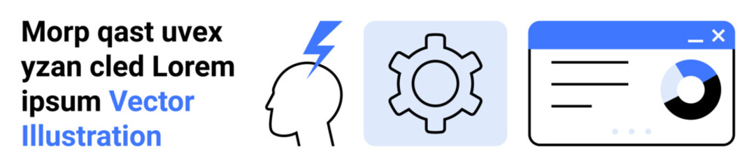 Head with a lightning bolt, a gear, and a web interface. Represents innovation, problem-solving, and analytics. Ideal for business strategy, productivity, planning AI learning brainstorming