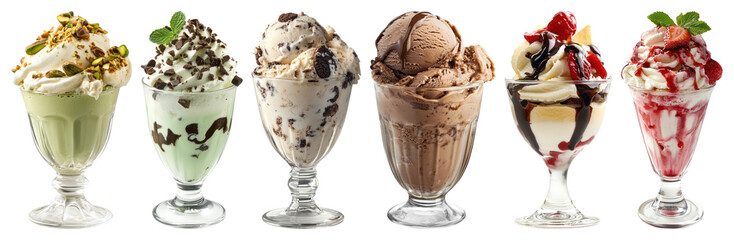PNG Delicious assorted ice cream sundaes, element set on transparent background