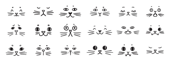 Naklejka premium cute funny cat faces doodle hand drawn icon set. Outline drawing cats emotions different mood happy or sad line clipart symbol collection