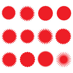 The Starburst Sticker Set is a collection of round sunburst stickers that are sold as a special offer. A set of Red starburst stickers. Special offer price tag. A sticker with a price, a label with an