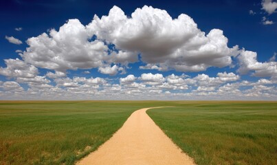 A dirt trail that is narrow in width winds its way through a field that is green with grass and has blue skies above it with woods visible far away