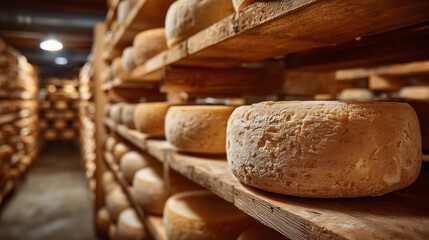 aged cheese wheels stored on wooden shelves in cellar, perfect for illustrating traditional food production, culinary blogs, or artisan dairy promotions