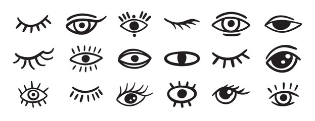 eyes and lashes doodle hand drawn icon set. Outline drawing line clipart symbol collection