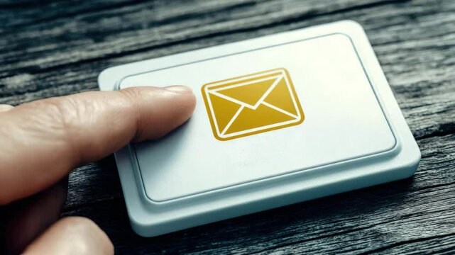 A finger presses a button with a yellow envelope icon, symbolizing email or electronic messaging on a wooden surface.