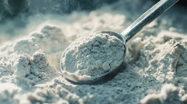 Measuring spoon resting on protein powder heap.