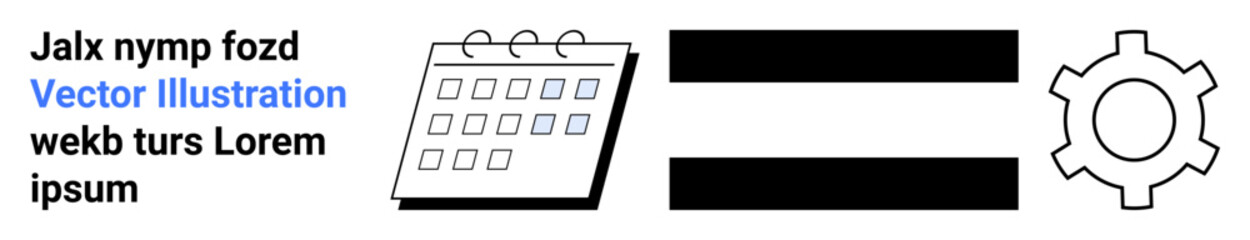 Calendar with spiral binding, bold text bars, and a gear icon reflecting planning, time management, and process optimization. Ideal for productivity apps, team tools, workflow systems, corporate
