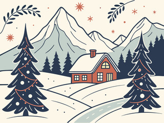 Hand-drawn vector of a winter mountain landscape with cottage, perfect for Christmas and holiday-themed designs.