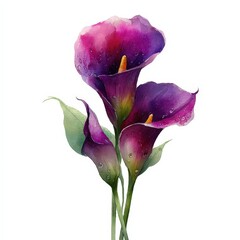 botanical watercolor illustration calla lily deep purple Beautiful purple calla lilies with drops of water. white background