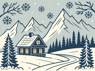 Hand-drawn vector of a winter mountain landscape with cottage, perfect for Christmas and holiday-themed designs.