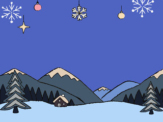 Hand-drawn vector of a winter mountain landscape with cottage, perfect for Christmas and holiday-themed designs.