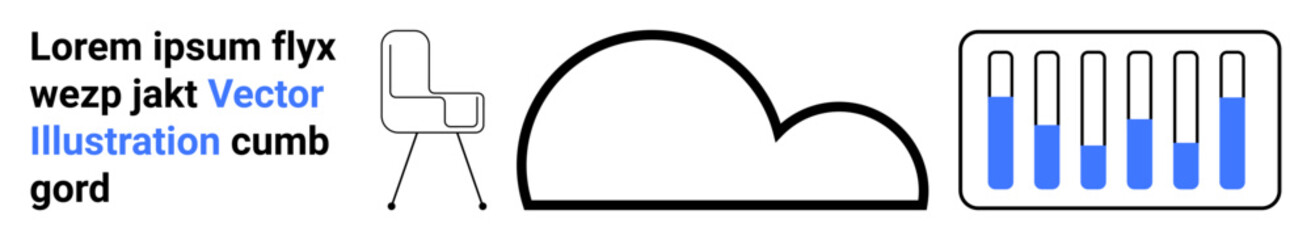 Modern chair, outlined cloud, and bar chart with blue highlights for tech-savvy and creative themes. Ideal for data analysis, furniture design, weather tech, presentations, and simple landing page