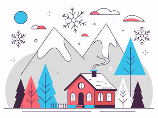 Hand-drawn vector of a winter mountain landscape with cottage, perfect for Christmas and holiday-themed designs.