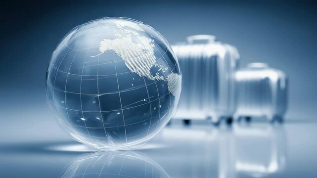 Transparent globe with map and modern suitcases, symbolizing global travel and tourism on a sleek, reflective surface.