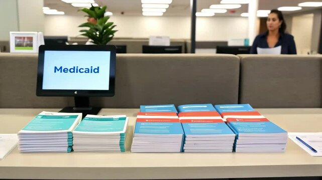 Stacks of Medicaid information booklets on a counter in an office setting, with a sign and computer labeled "Medicaid" in the background.