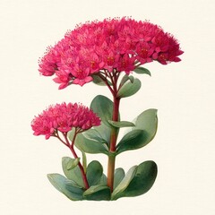botanical watercolor illustration sedum matrona deep pink Vintage illustration of pink flowering plants with green leaves. white background