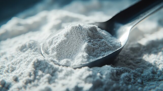 Measuring Spoon Resting on Protein Powder Heap Ultr