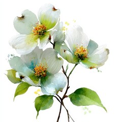 botanical hand drawn watercolor illustration dogwood white and green Delicate floral illustration with soft colors and intricate details white background