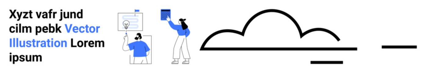 Minimalist composition with two people sharing documents while connecting ideas through cloud imagery. Ideal for teamwork, creativity, online collaboration, document sharing, cloud technology