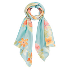 Hand-Painted Floral Silk Scarf Light Blue with Orange and Pink Flowers