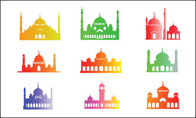 Colorful Mosque silhouette vector icon set illustration on white background.	